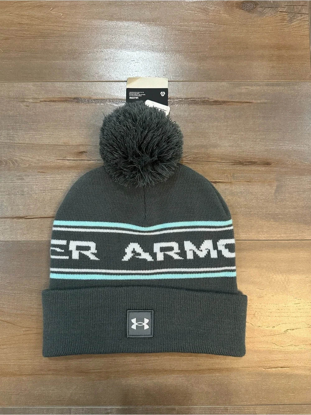 Under Armour Kids Black Pom Beanie with Mint and White Stripes